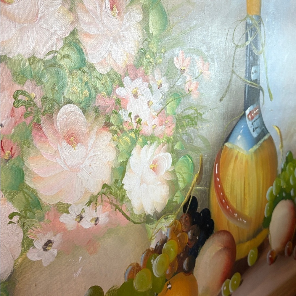 Vintage Floral Wine & Fruit Still Life Painting Gold Wood Frame Original Art - Picture 13 of 17